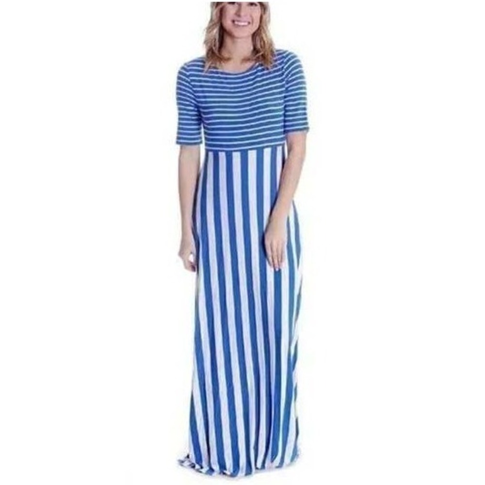 Matilda Jane The Road Ahead Maxi Dress Size S Striped Jersey Knit Blue White